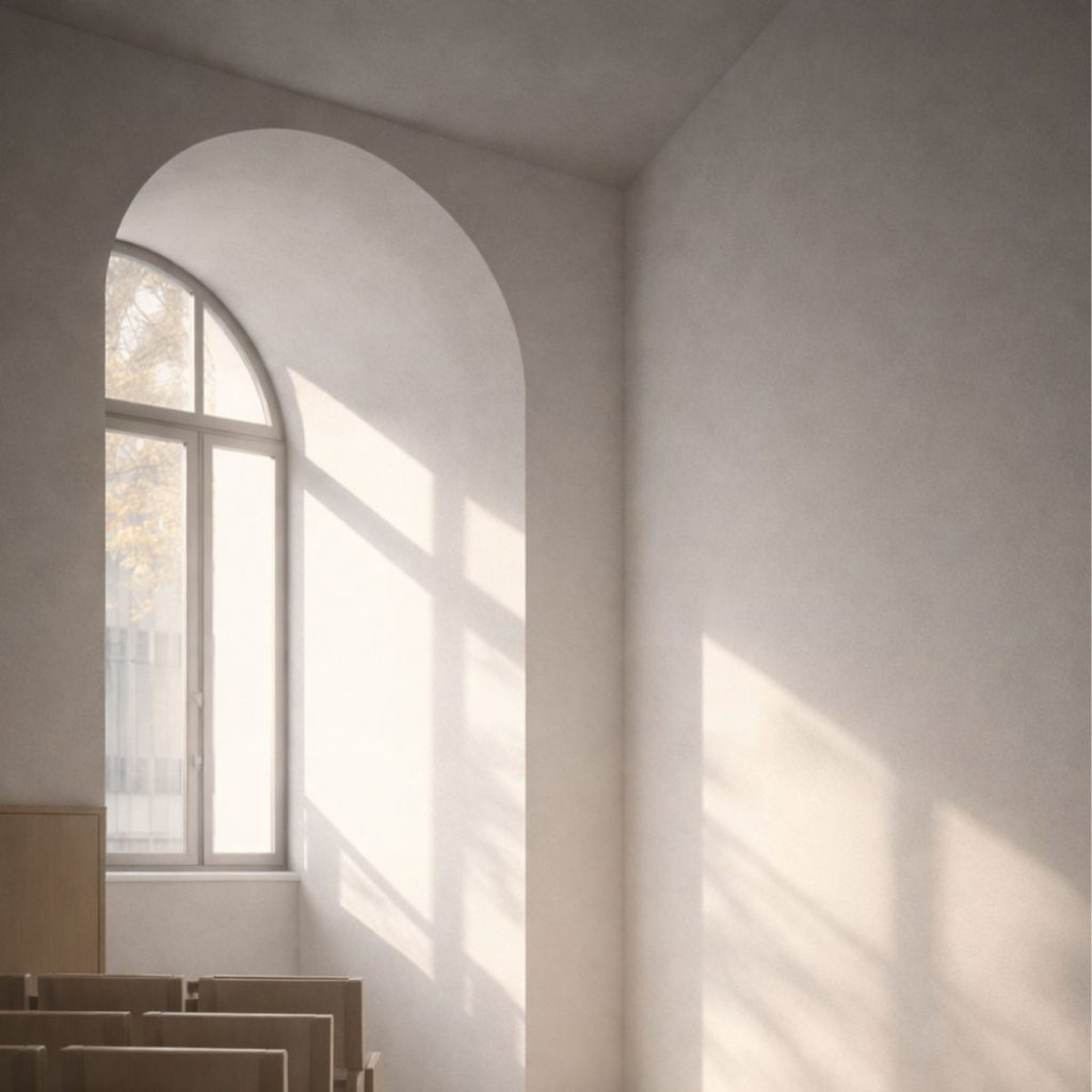 a beam of afternoon light enters through an arched window, stretching across a quiet seating area